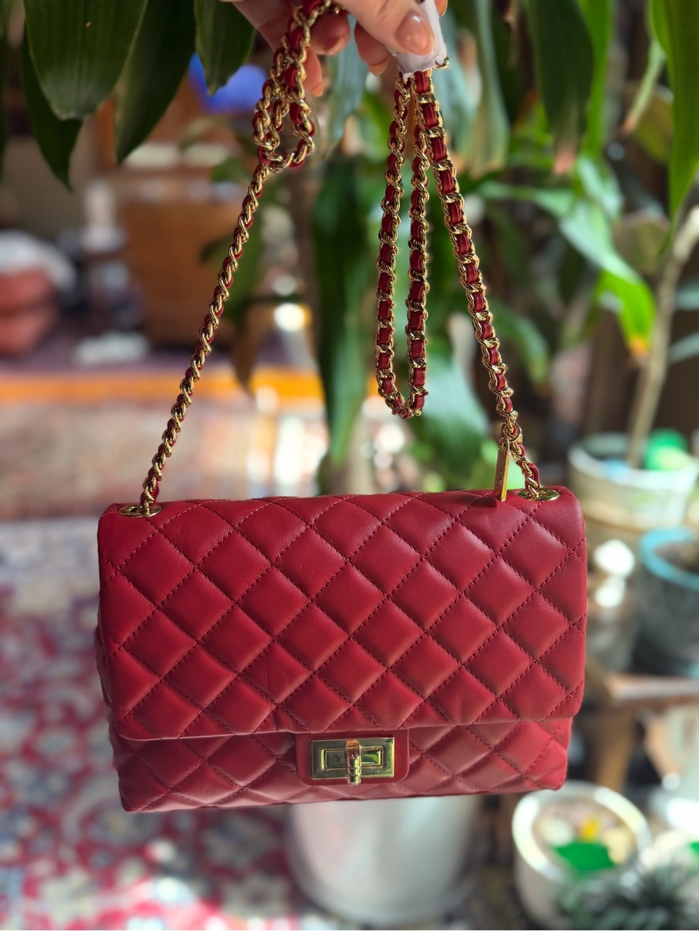 G by Giuliana NWT Quilted Red Lamb Leather Crossbody Gold Leather Chain